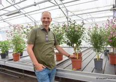 Bart Oostveen with Anisodontea Marshmallow, a new variety of patio plants. It has big flowers, bigger leaves and a brighter color.